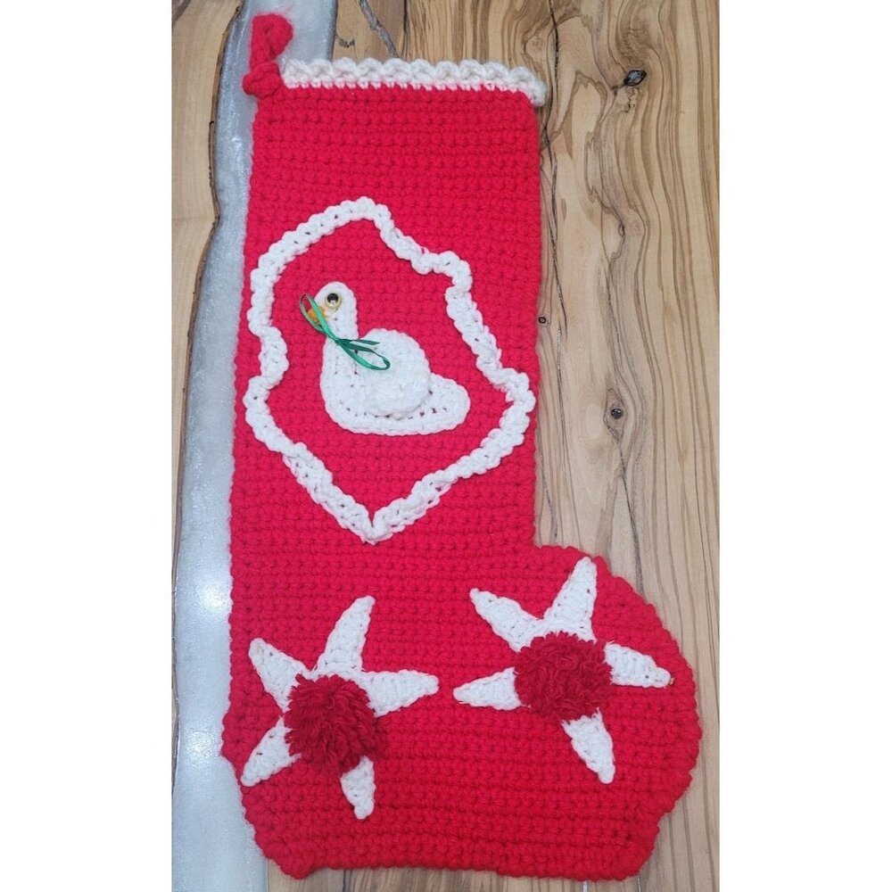 Vintage Crochet Christmas Stocking  Red & White Knit Duck Swan Starfish
